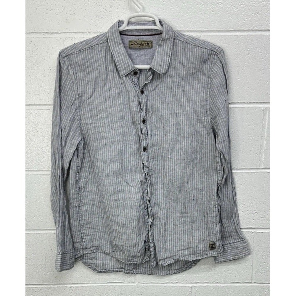 Zenfari Button Front Shirt Gray Striped Linen / Men's Large